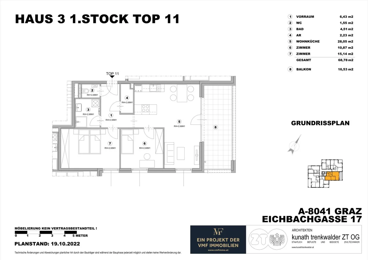 Neuwertige 3-Zi-Wohnung mit Balkon in Graz, 68m², Fußbodenheizung, Aufzug, Wohnküche!